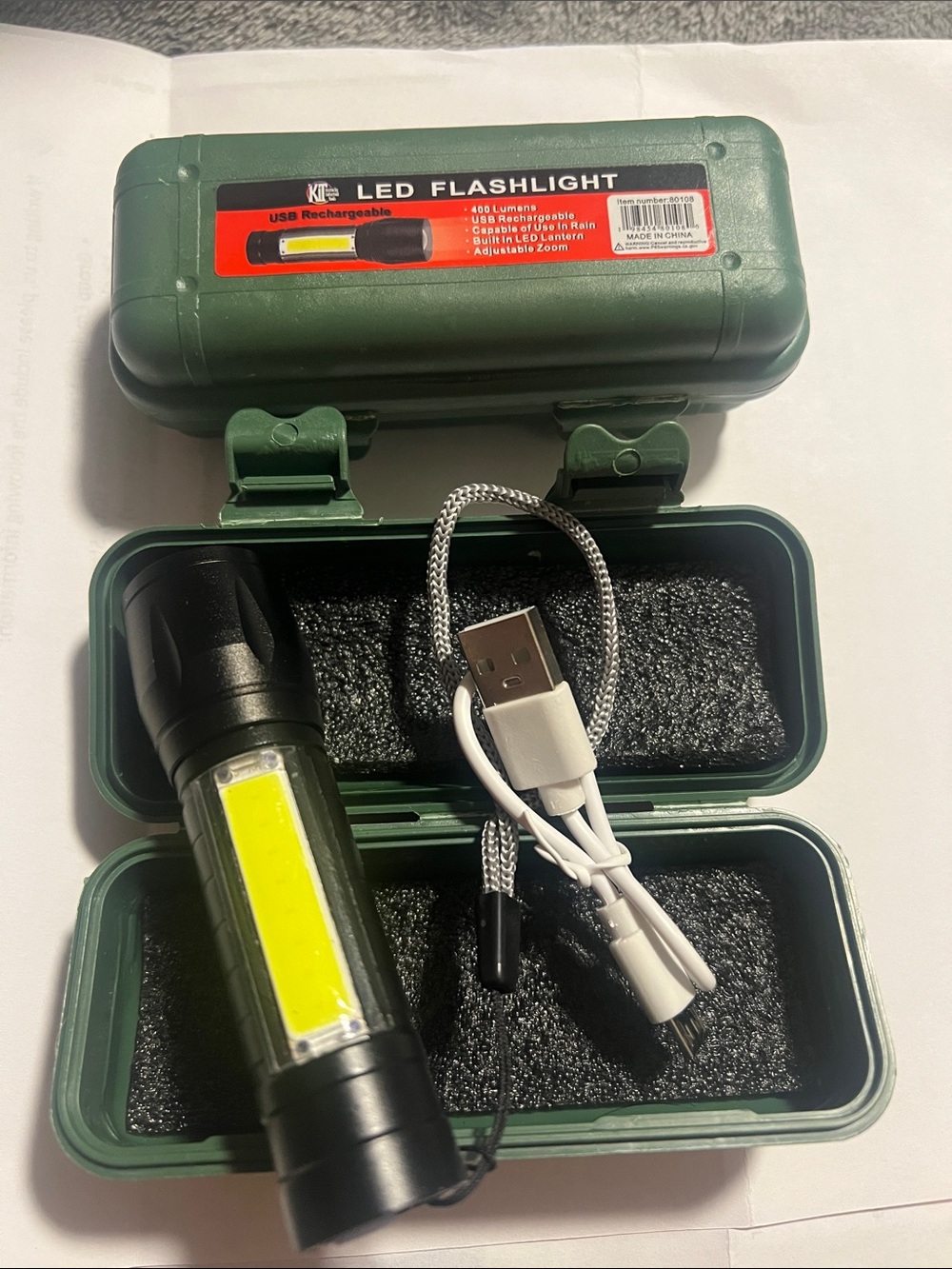 LED Rechargeable Flashlight with Green Carry Case